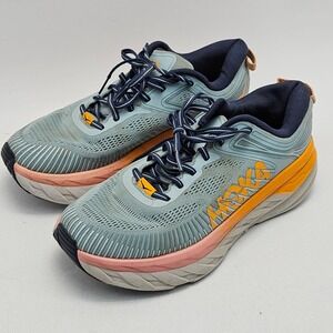 Hoka One One Bondi 7 Womens 10 Blue Fog Hot Coral Running Shoes 1110519 BHB